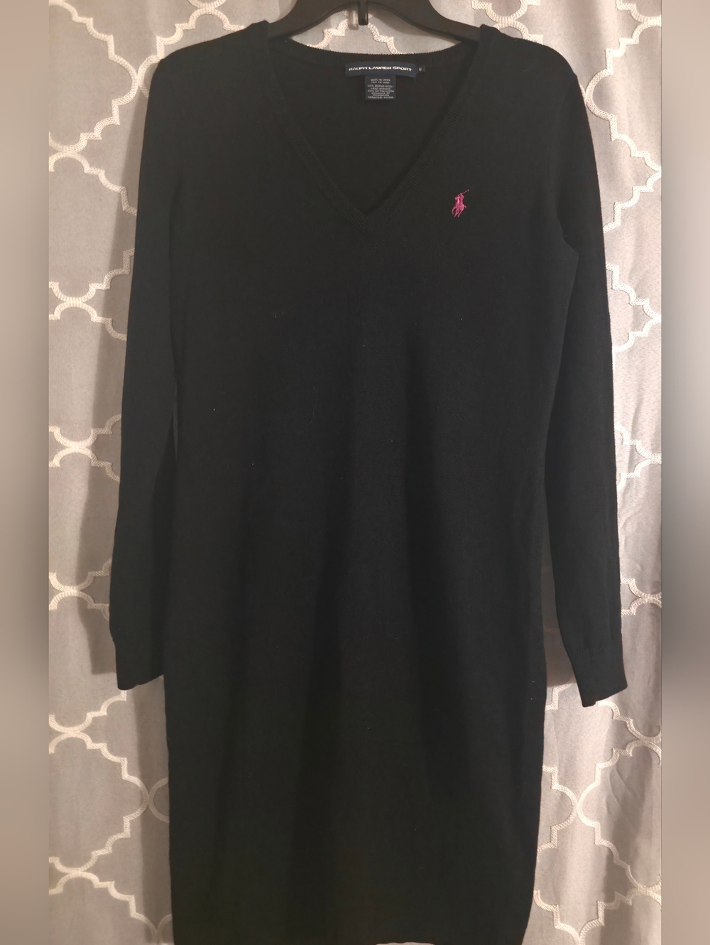 Ralph Lauren Black V-Neck Long Sleeve Sweater Dress with Pink Polo Logo
